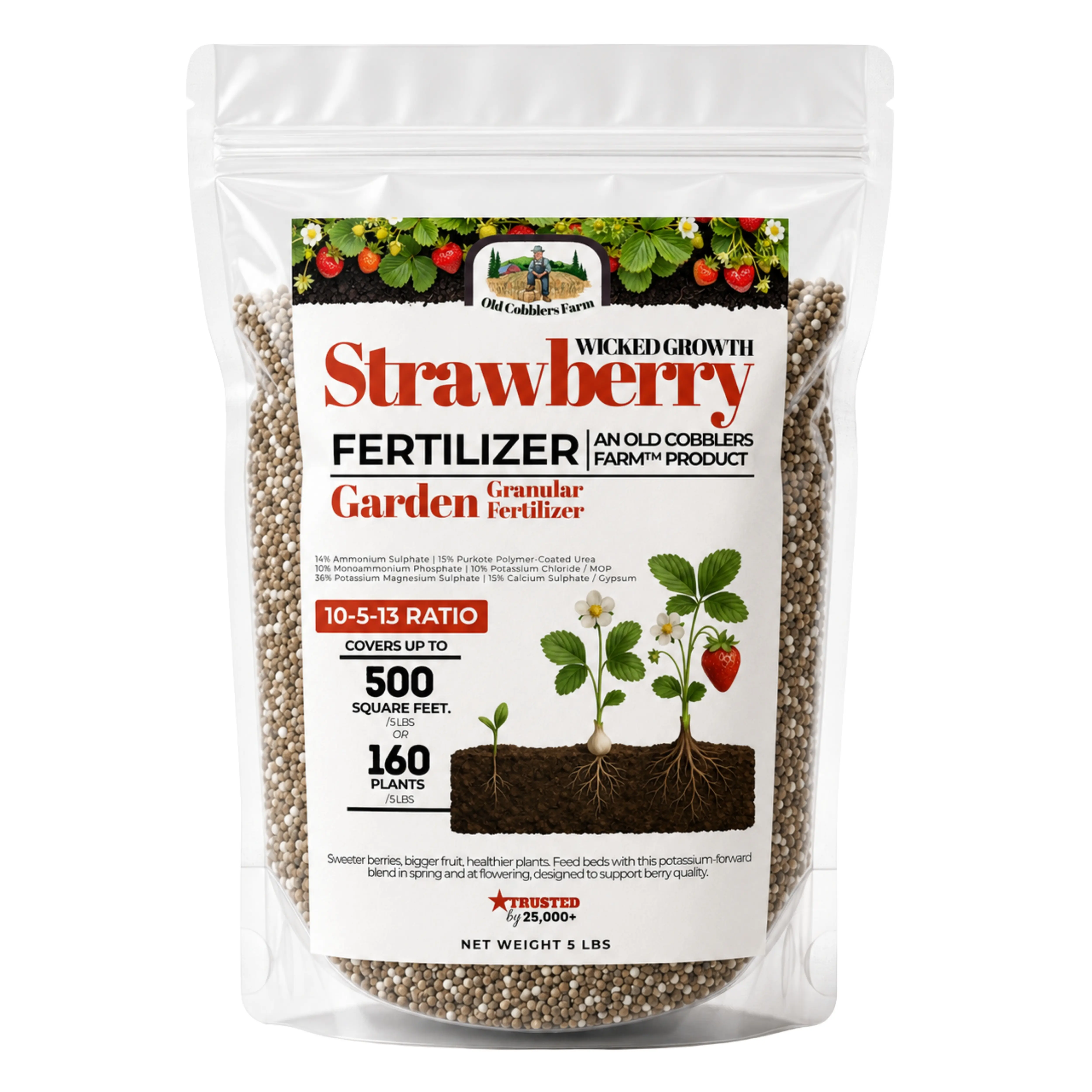 Old Cobblers Farm Wicked Growth Strawberry Fertilizer, Slow Release Coated Nitrogen with Calcium, Magnesium and Sulfur, High Potassium Granular Plant Food for Fruit Set and Blossom End Rot Support