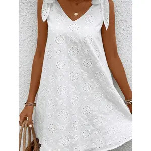 Chic White Embroidered Cotton Dress with Tie Bow at Shoulders V-Neck Sleeveless Boho Style for Women's Casual Holiday Beachwear Summer Piece