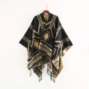 NewIndianNepaleseStyleGeometricTasselSplitWomenShawlWarmAirConditioningRoomLadyCloakPonchoCapesBlackKhaki