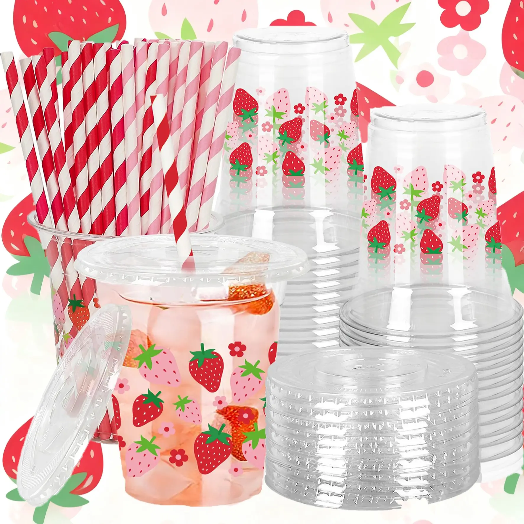 20-Pack Strawberry Theme High Quality Bulk Plastic Cups with Lids and Straws, 12 Oz Reusable Party Drinkware, Perfect for Gatherings and Events, Drinking Cup, Beverage Cups