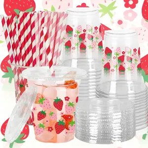 20-Pack Strawberry Plastic Cups with Lids and Straws, 12 Oz Reusable Party Drinkware, Perfect for Gatherings and Events