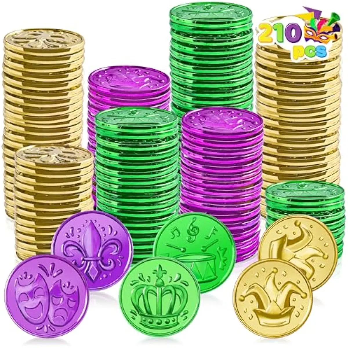 210 PCS Mardi Gras Coins, Green Purple Gold Plastic Coins Mardi Gras Decorations for Party Favors Supplies, Costume Accessories, Mardi Gras, Masquerade, Accessories