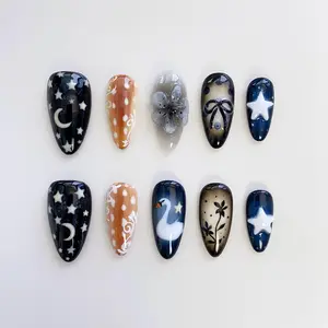 Starry Sky Press On Nails - 3D Flower, Moon, Star - Short Almond FUXQAN