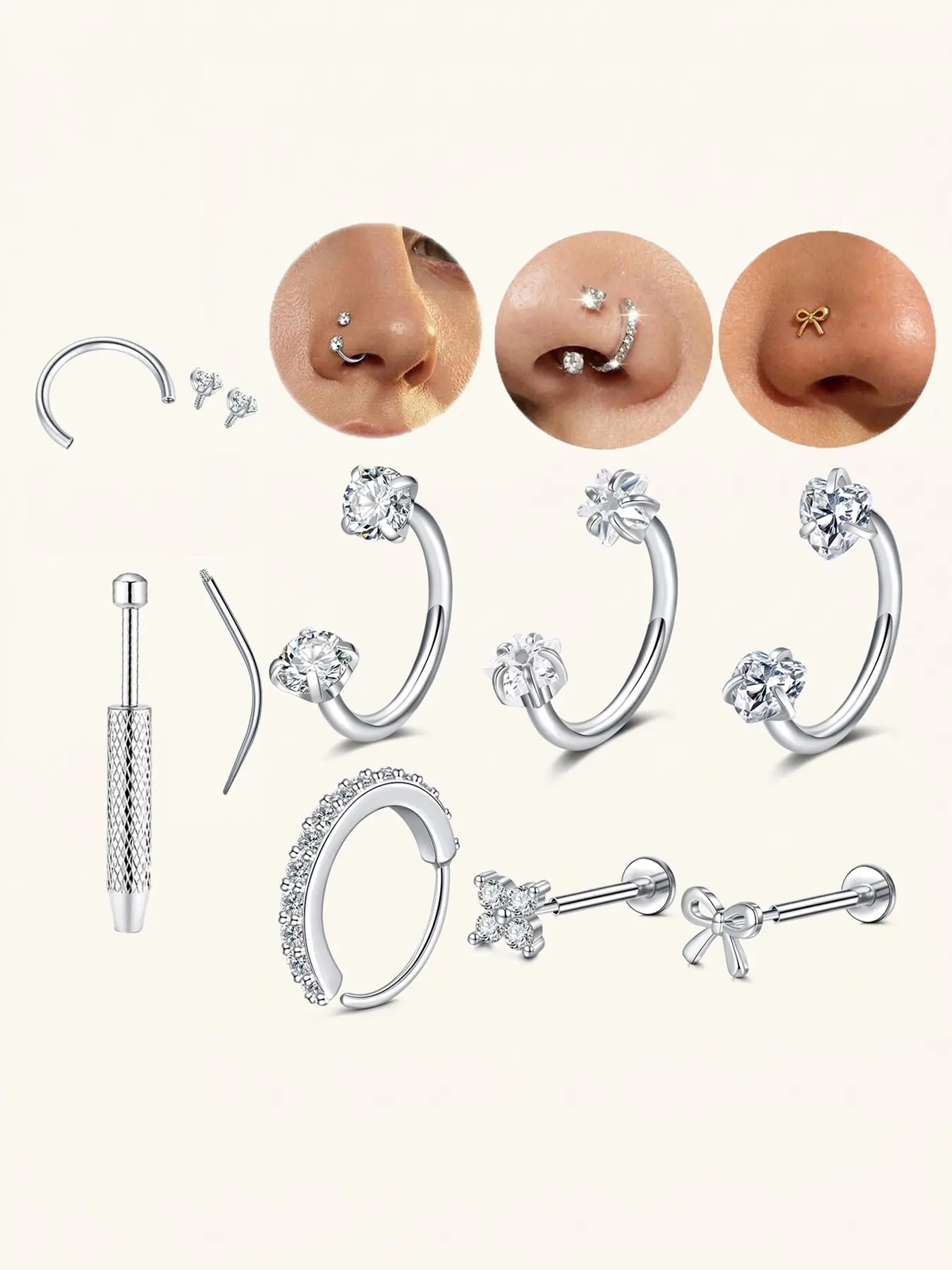 CZ Zircon Horseshoe Nose Ring, Rhinestone Nose Rings, Threadless Bow/Flower Nose Studs, Stackable Nose Hoops, Nose Piercing Accessory—Suitable for Septum, Cartilage, Lip Piercings. Hypoallergenic 316L Stainless Steel Body Jewelry