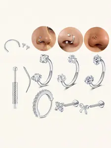 CZ Zircon Horseshoe Nose Ring, Threadless Bow/Flower Nose Studs, Stackable Nose Hoops, Nose Piercing Accessory—Suitable for Septum, Cartilage, Lip Piercings. Hypoallergenic 316L Stainless Steel Body Jewelry
