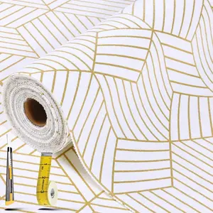 Shelf Liners for Kitchen Cabinets 12in x 20FT, Non Adhesive Cabinet Liner Strong Non-Slip Thickened Gold Geometric Drawer Liner, Easy to Clean for Shelf, Cabinet with and Tape Measure