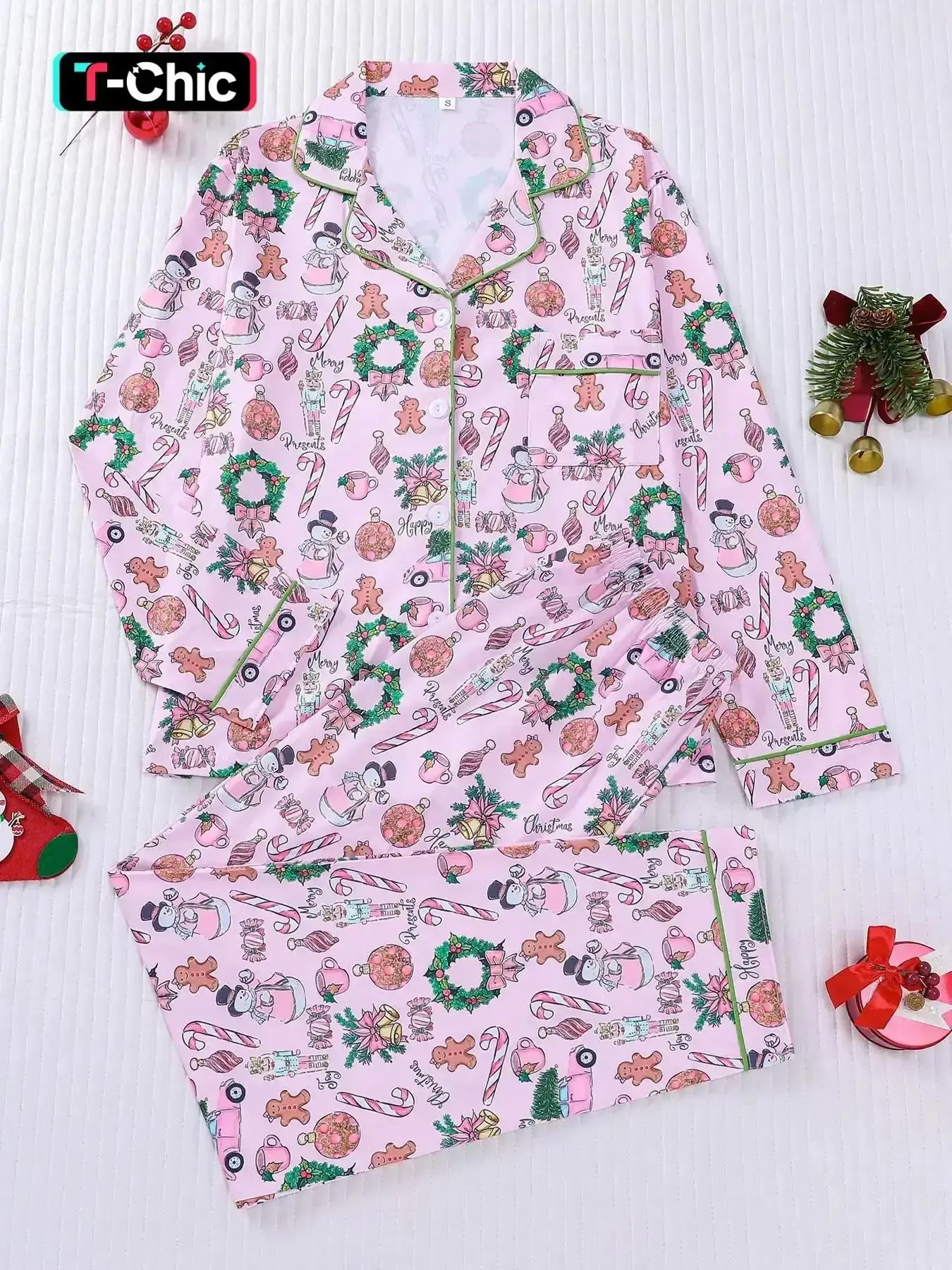 2-piece Knitted set of gingerbread man, building blocks, Christmas long sleeved pants, soft, comfortable, skin-friendly top, small pocket, button closure, elastic waistband, daily wear, pajamas, essential piece