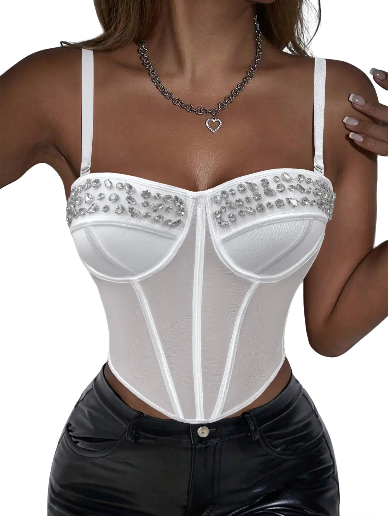 ASANDY Women's Chic Glam Crystal-Embellished Corset Top - Sleeveless Spaghetti Strap Bustier, Structured Sweetheart Neckline, Women's Clothes for Party, Date Night