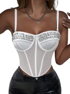 ASANDY Rhinestone-Embellished Corset Top - Sleeveless Spaghetti Strap Bustier with Crystal Accents | Structured Sweetheart Neckline, Perfect for Party/Date Night/Chic Streetwear All-Season Glam Outfit