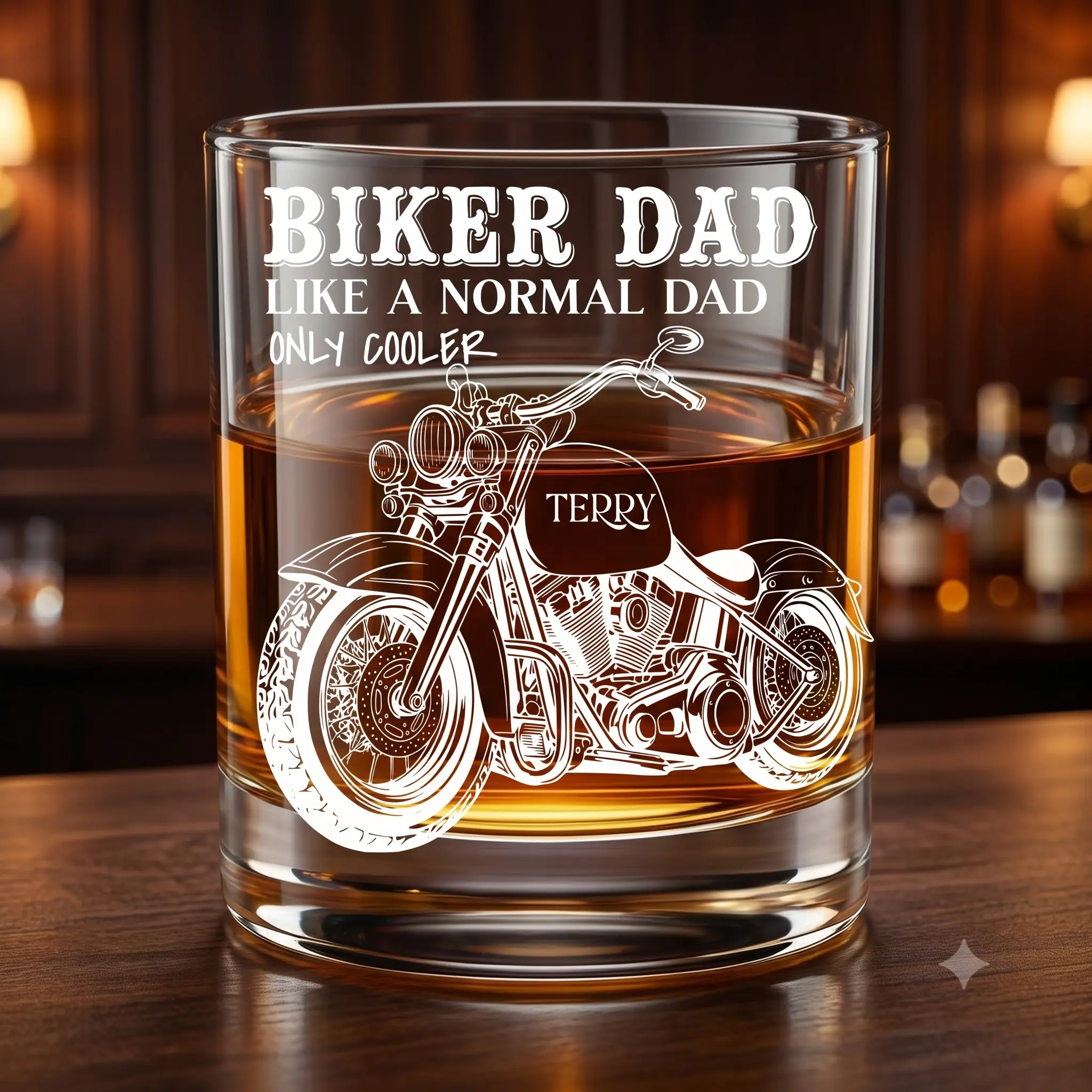 Personalized Biker Dad Whiskey Glass 11oz | Laser Engraved Motorcycle Rocks Glass | Custom Name Bourbon Glass | Father's Day Gift for Dad