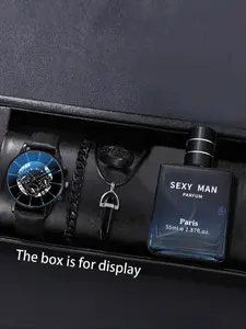 Men's Quartz Exquisite Watch Set, Dial & Crystal Pendant, Trendy Bracelet Ring, Paris Fragrance Gift, Unique Appeal Jewelry
