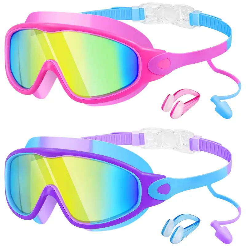 [Clearance] 2-Pack Toddler Swim Goggles, Fog Free, UV Resistant Wide-View Lenses, Adjustable Straps, Soft Silicone Pads, Earplugs & Nose Clips, Swimming Training Equipment for 3-15 Age Children, Pool Gear