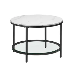Faux Marble Round Coffee Table Marble White and Ink Black