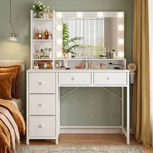 Black Makeup Vanity Desk 37inch, LED Mirror Dressing Table with 3 Color Lighting Modes, Built-in Power Outlets, Large Capacity 5 Fabric Drawers, Stylish Bedroom Furniture for Women Cosmetic Storage & Beauty Workstation