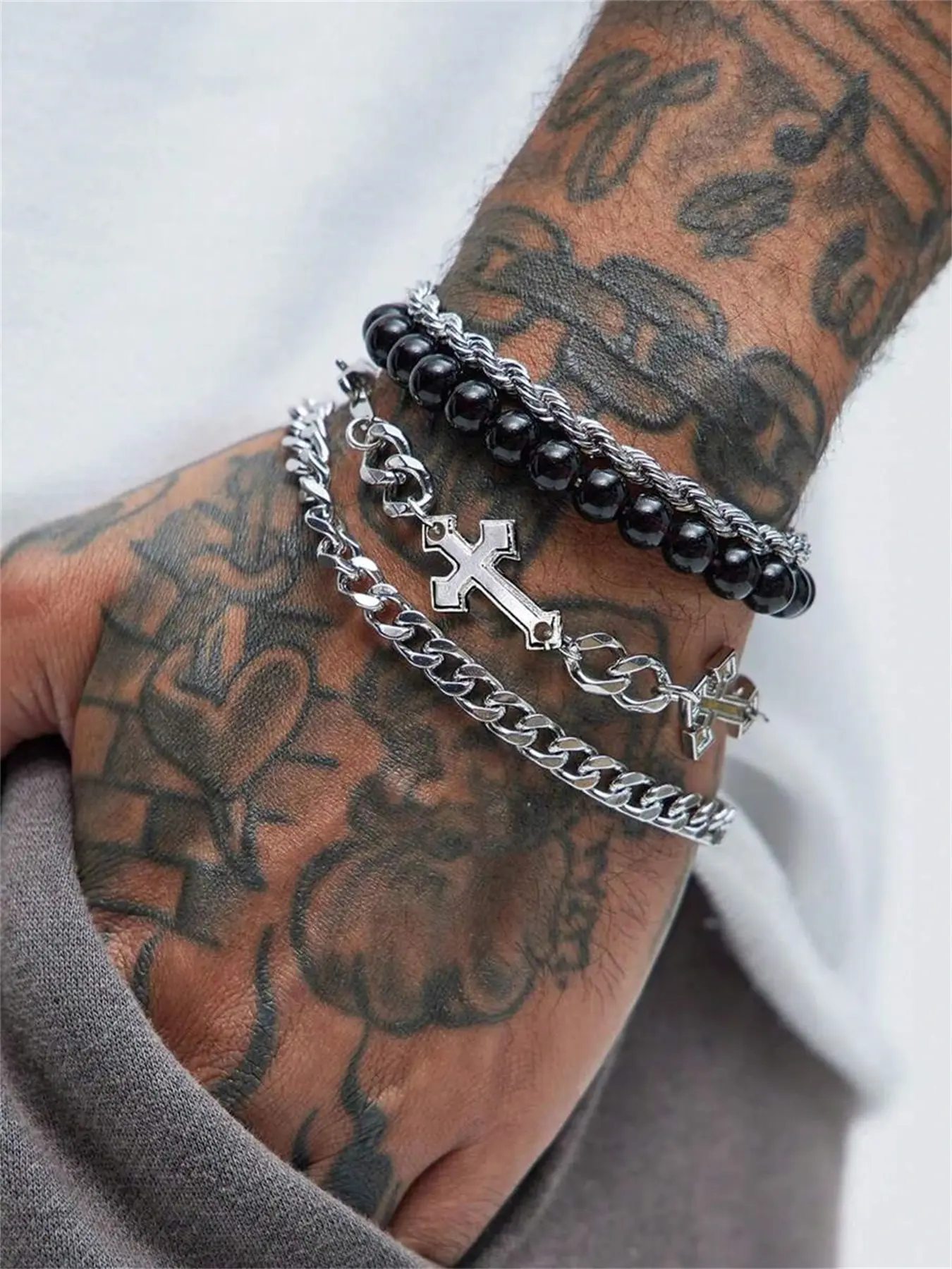 Punk Cross Beaded Stainless Steel Chain Bracelets, Cross Charm Bangle, Punk Style Bracelet, 4-Piece Set for Men, Ideal for Daily Wear & Special Occasions, Perfect Gifts, Stackable Bracelets, Stacking Bracelet, Punk Style Jewelry
