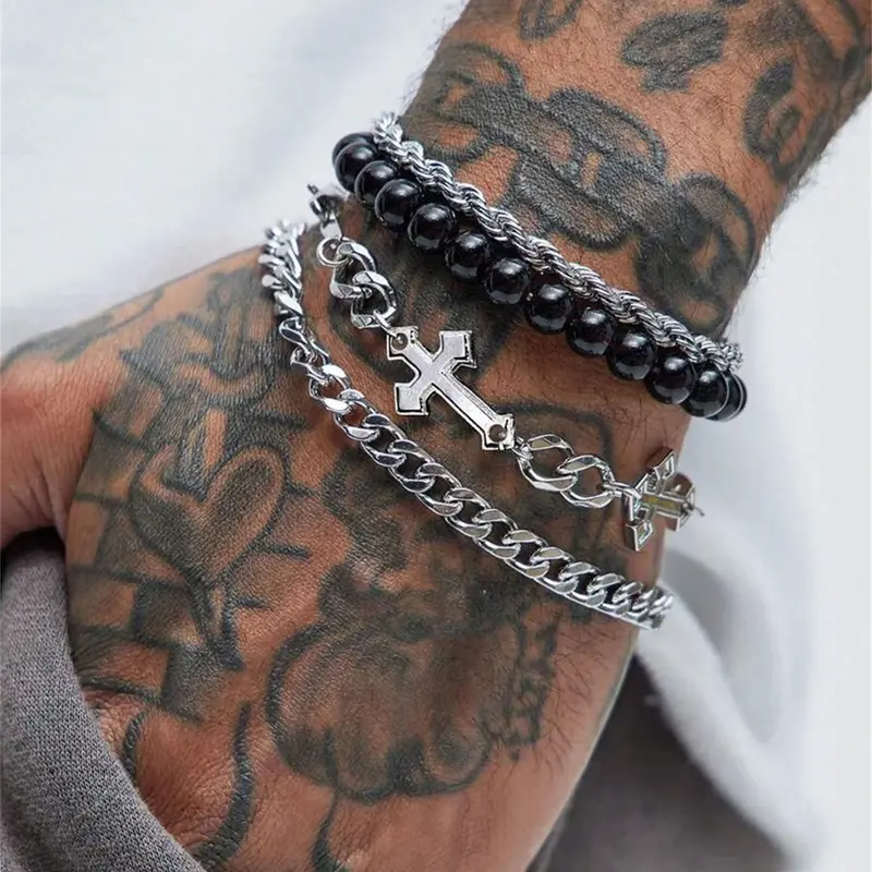 Punk Cross Beaded Stainless Steel Chain Bracelets, Cross Charm Bangle, Punk Style Bracelet, 4-Piece Set for Men, Ideal for Daily Wear & Special Occasions, Perfect Gifts, Stackable Bracelets, Stacking Bracelet, Punk Style Jewelry