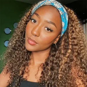 Highlight 4/27 Deep Curly Headband Wig Human Hair Glueless None Lace Wigs 180% Density Scarf Wig No Gel No Glue Full Machine Made Human Hair Wigs Wear And Go Curly Wigs for Women