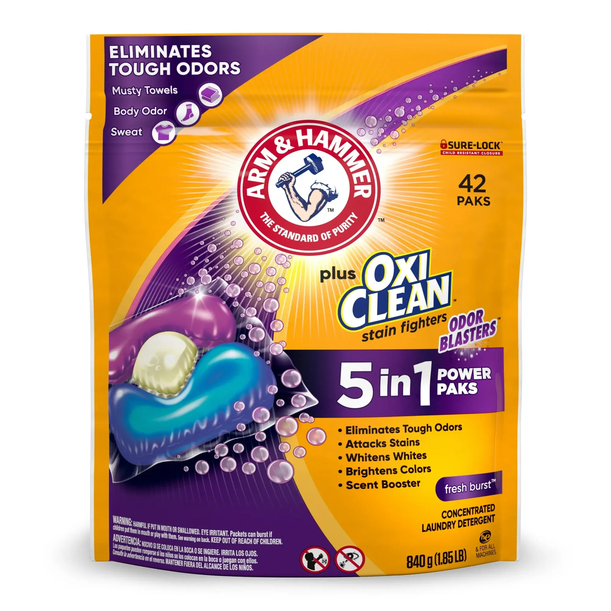 ARM & HAMMER Plus OxiClean 5-in-1 Scented Laundry Detergent Power Paks, Fresh Burst Fragrance, 42 Packs, Stain Remover, Odor Controller, None