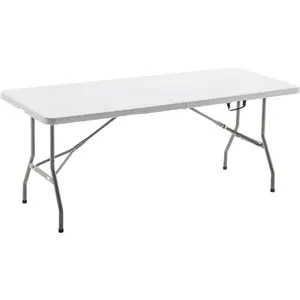 BTExpert Fold-in-Half Folding Utility Table 6 Feet 72" x 29.5" Lightweight Portable Carrying Handle, Indoor Outdoor Picnic Camping Office Home Party Wedding Event Easy to Clean Store & Care White