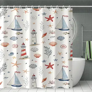 Ocean Starfish Shower Curtain Set with Mat, Polyester, Christmas Bathroom Decor, Includes 12 Hooks, Non-Slip Bath Mat, Shower Essentials