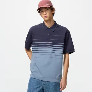 Menswear Men's Gradient Stripe Golf Polo - Navy Blue Ombre Collared Premium Tech Performance Top, Breathable Comfortable Smart Shirt, Vintage Coastal Summer Beach Vacation Tee, Husband Birthday Gift