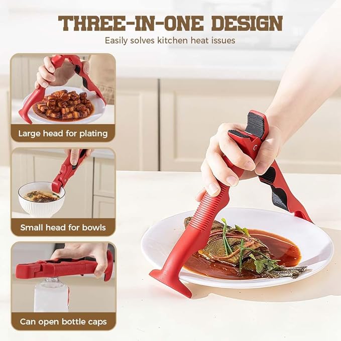 3-in-1 Hot Plate Gripper, Multi-Angle Anti-Scald Bowl Holder Clip & Hot Plate Grabber Tool with Lock for Hot Bowl Cozy Holder, Hot Plate Gripper Tongs