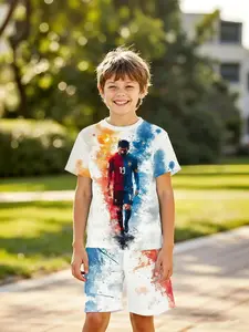 Boys' 3D Short Sleeve Set, Messi Barcelona Blue Jersey Watercolor Ink Print, Perfect Gift for Holidays, Birthdays, 2026 World Cup
