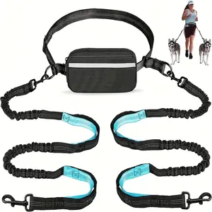 Adjustable Hands-Free Dog Running Leash with Double Handles & Elastic Retractable Rope - Durable Black & Teal Design for Large & Medium Dogs, Perfect for Running, Jogging, and Walking, Dog Leash, Jogging Accessory, Sleek Pet Accessory, Sturdy Metal Clips
