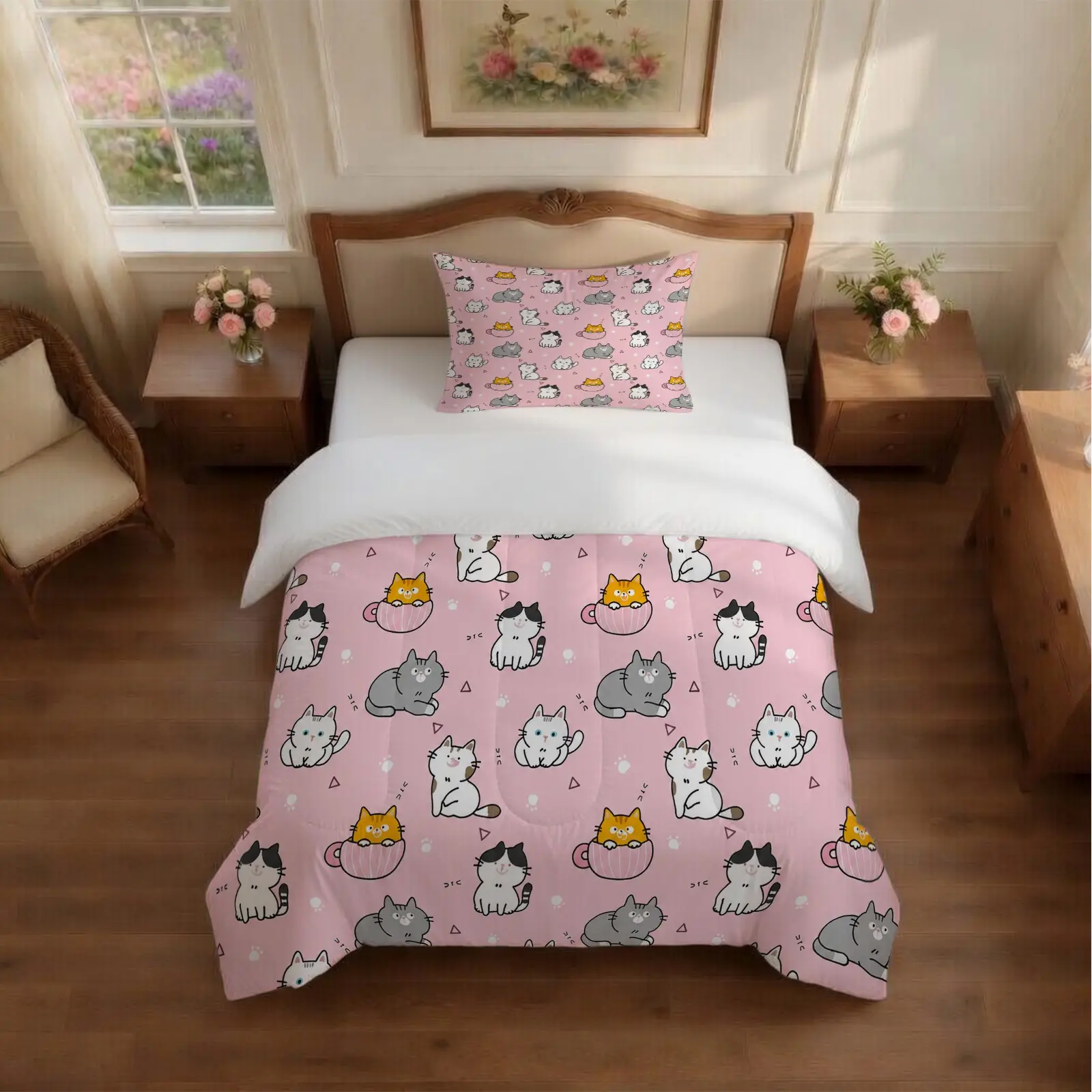 Cute Cat Comforter Set, 2/3 Pieces (1 Comforter + 1/2 Pillowcases, No Pillow Insert Included), Kawaii Cartoon Style, U-Shape Quilted, Soft & Breathable, Ideal for Teens & Adults Bedroom Decor, Great Gift for Girls & Cat Lovers