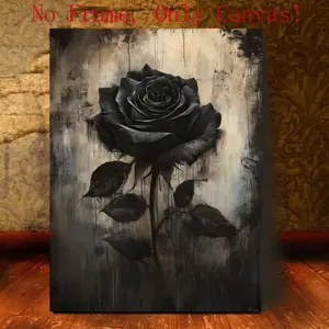 Gothic Dark Academia Wall Art (Unframed) - Elegant Black Rose Bouquet Canvas Print - Moody Floral Decor for Bedroom