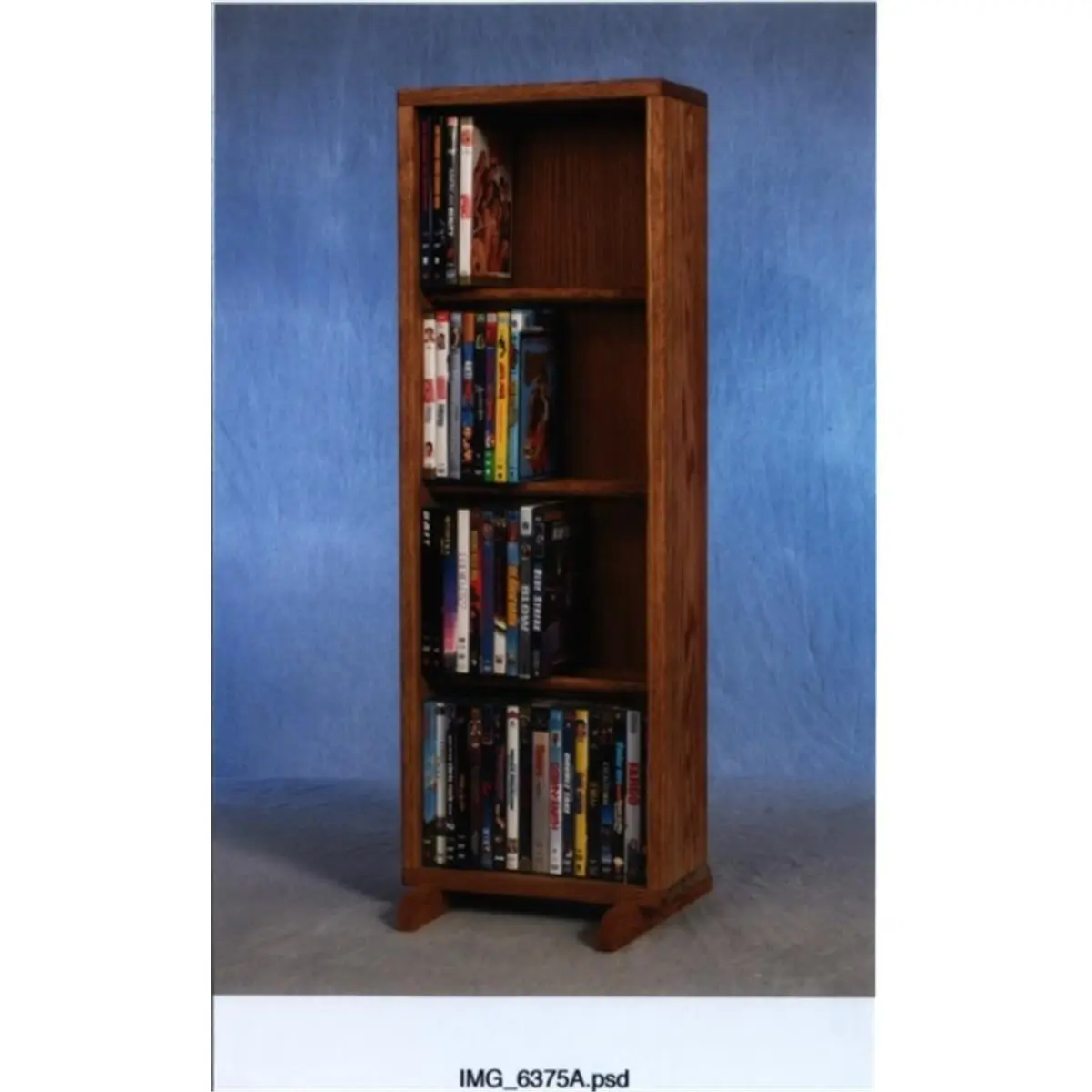 Tower Shape Oak CD & DVD Storage System Shelf (415-12), 4-Row Wood Unit with 6.5in Wall Extension, Holds 80 DVDs, Fully Assembled Multi-Level Shelving Display Shelf Living Room Furniture