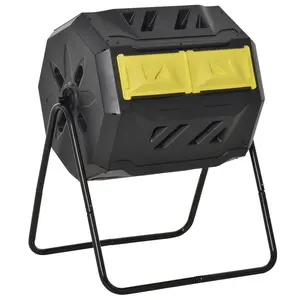 Tumbling Compost Bin Outdoor 360° Dual Chamber Rotating Composter 42.3 Gallon Yellow with 16 Ventilation Holes & Sliding Doors