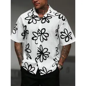 Summer deals clothes - Men's Casual Vacation Crinkled Black Bubble Gauze Short Sleeve Shirt With Simple Floral dad shirt dad gifts vintage shirts men gifts outfits men summer vacation outfits 90s vintage men clothing cropped shirt men Menswear Gamis