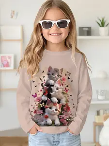 Nude pink flower cluster cute cat stacking digital printed long-sleeve crewneck drop-shoulder sweatshirt top T-shirt long-sleeve, girls' long-sleeve T-shirt clothing for spring and autumn, 100% polyester, the best gift for girls
