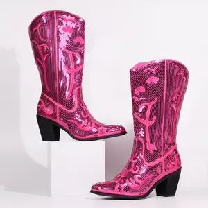 Hawkwell Women's Sequin Mid Calf Western Cowboy Boots High Fashion Pull On Zipper Pointed Toe Embroidered Sparkly Footwear for Fall - Decor