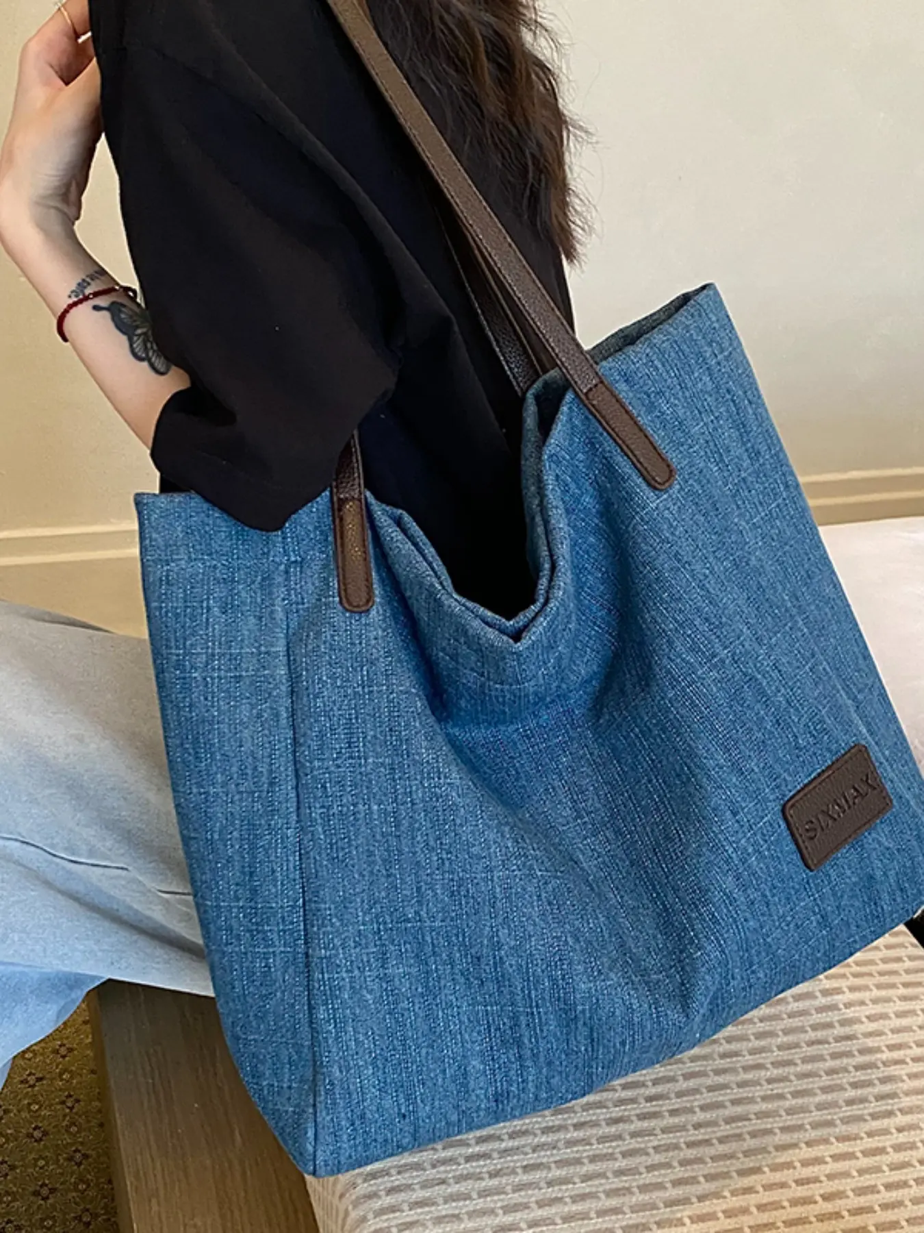 Japanese Style Patchwork Striped Tote Bag, Large Capacity Commuter Casual Shoulder Canvas Bag, Ideal for Travel and Shopping
