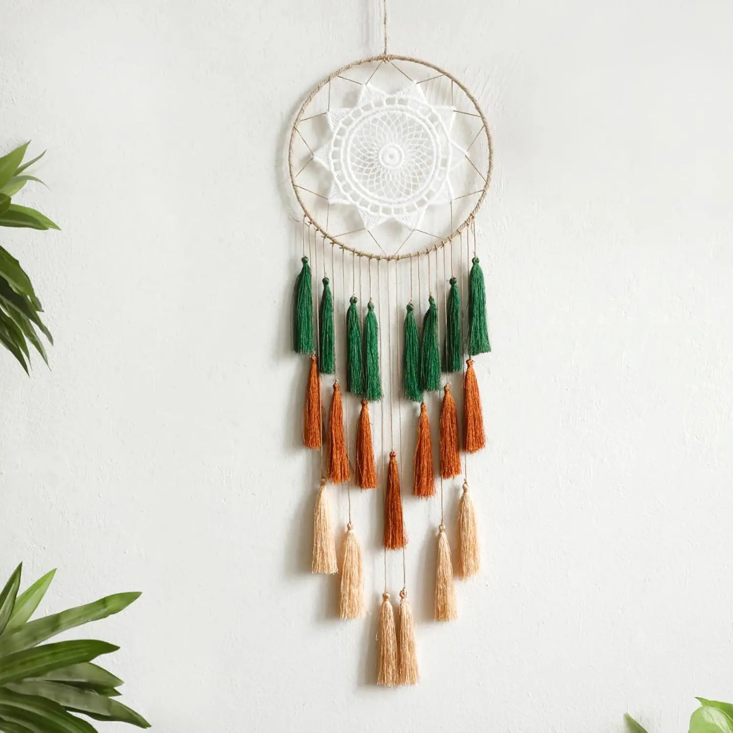 Boho Macrame Dream Catcher Wall Hanging – Handmade Tassel & Feather Decor for Bedroom, Nursery & Home (Green Mix)