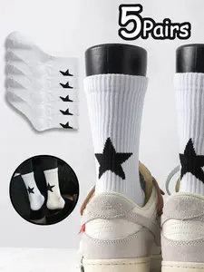 Men's Breathable Sweat-Wicking Sports Crew Socks, Star Pattern Mid-Calf Socks, Casual All-Season Footwear, Moderate Fabric Thickness, Athletic Running Socks