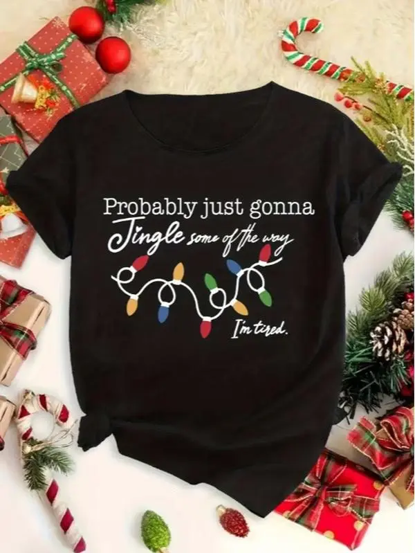 Women's Funny Christmas T-Shirt "Probably Gonna Jingle Some Way I'm Tired" Slogan with Candy Cane & Snowflake Print - Soft Stretchy Crewneck Short Sleeve Retro Holiday Party Outfit, Winter & Fall Casual Top #SohoChic