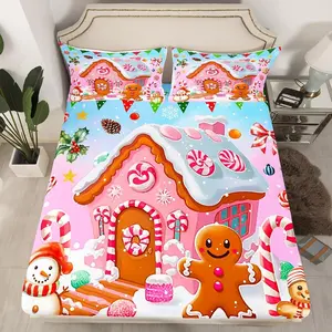 Xmas Gingerbread Man Fitted Sheet,Winter Cute Candy House Watercolor Soft Microfiber Sheets Breathable Bedding,Kawaii Snowman Winter Cartoon Bedsheet with Deep Pocket