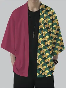 Men's Japanese anime-style kimono shirt, Menswear traditional Asian style loose and casual summer robe, with bright digital printing, machine washable, suitable for theme events and daily wear