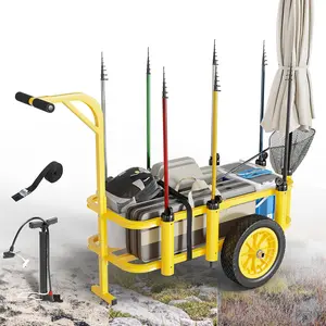 Beach Fishing Cart, Beach Wagon Trolley with 12" Big No-Flat Airless Tires, Foldable Beach Trailer with Large 36" x 16" Cargo Basket, 250 lbs Load Capacity, 7 Fishing Rods Holder