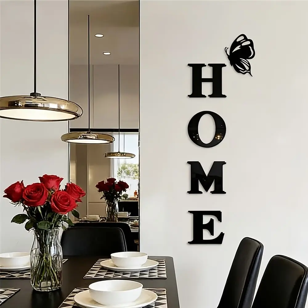 5pc, Decorative Stickers, Decoration Items, Black letters HOME butterfly family logo mirror wall sticker, DIY self-adhesive removable acrylic wall sticker for home decoration, used for wall decoration in living rooms, bedrooms, and entrances