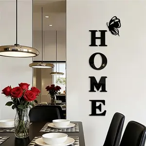 5pc, Black letters HOME butterfly family logo mirror wall sticker, DIY self-adhesive removable acrylic three-dimensional wall sticker for home decoration, used for wall decoration in living rooms, bedrooms, and entrances, Decorative wall sticker