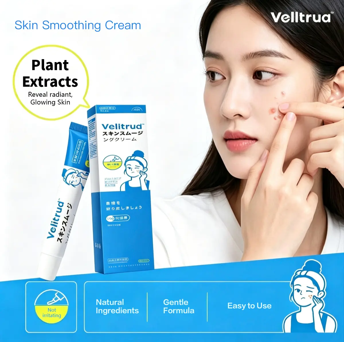 Velltrua Skin Smoothing Cream, Gentle Plant Extract Facial Treatment for Acne Marks & Dark Spots, Mild Non-Irritating Formula That Brightens Skin, Ideal for Daily Use