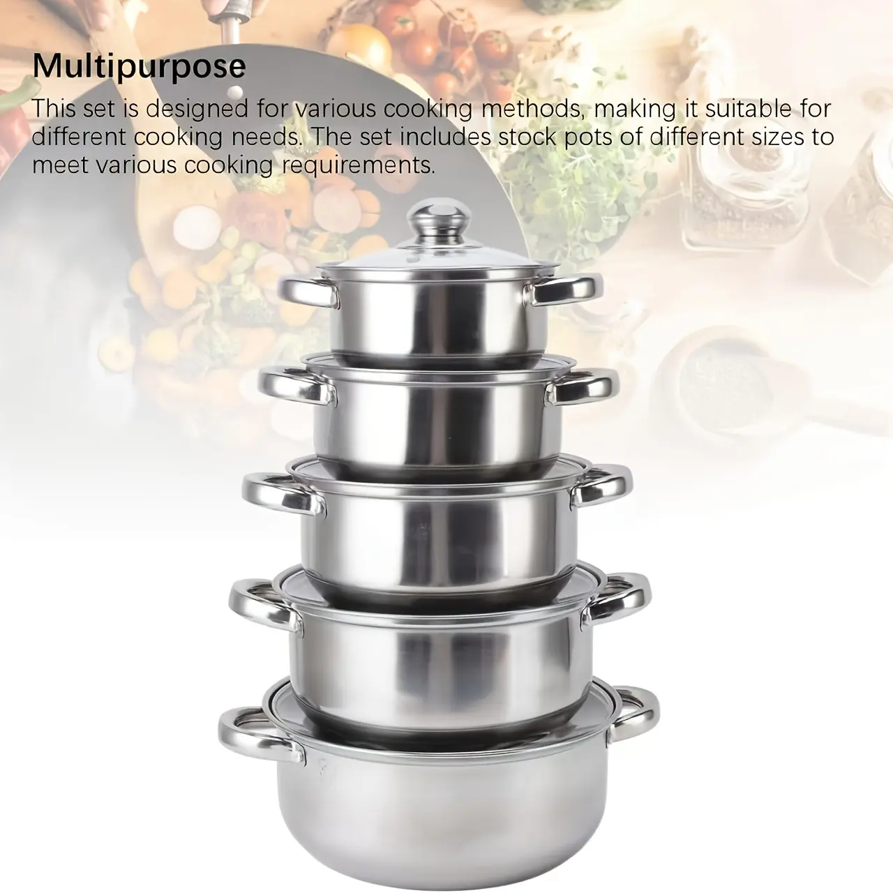 10-Piece set (5 pots + 5 lids) Stainless steel cooker set - soup, rice and baking, hot pot/noodle/seafood soup, ideal for home, restaurant, outdoor, dormitory, camping use, dishwasher washable, compatible with all stove types Kitchen Pots Cookware