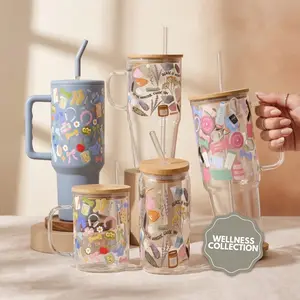 Self-Care Collection Wellness Crystals Glass Tumbler with Straw and Handle