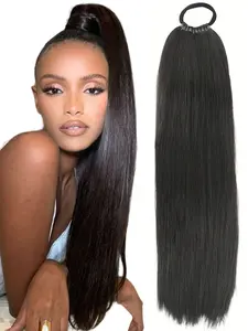 22-32 Inch Long Straight Ponytail Extensions, Yaki Silk Synthetic Hair, Elastic Band Included, Perfect for Daily Wear & Parties