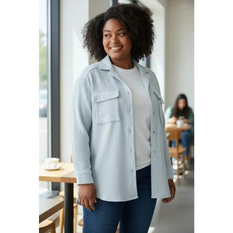 Easel Cotton Gauze Snap Cargo Plus Size Shirt - Powder Blue