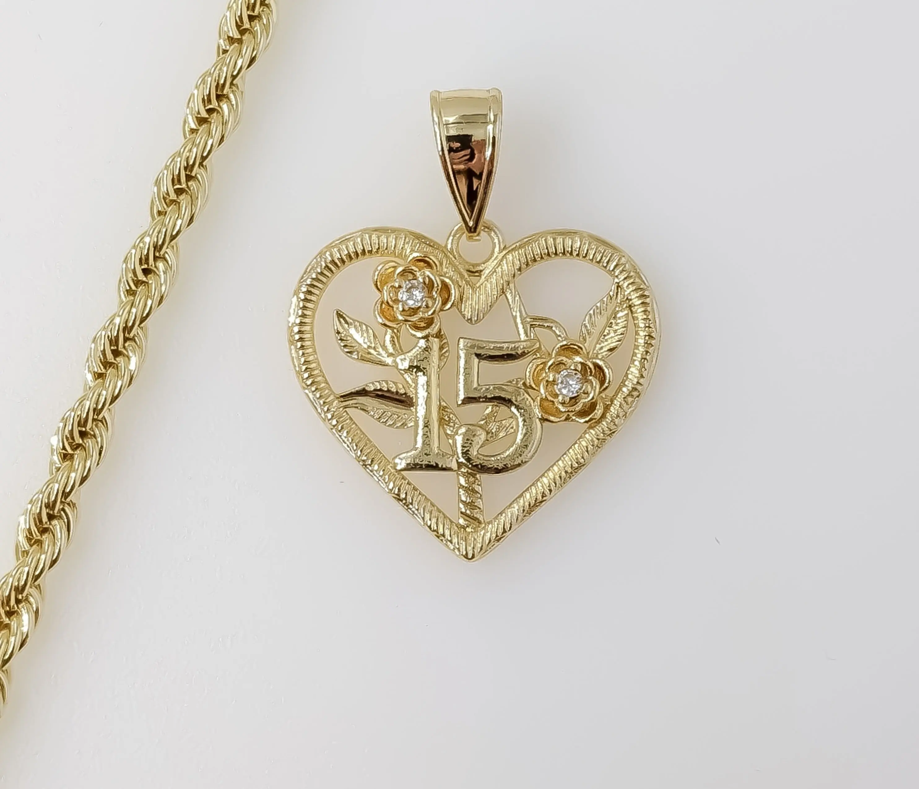 Plated Heart "My 15" Quince 4mm Rope/Braided Chain Necklace